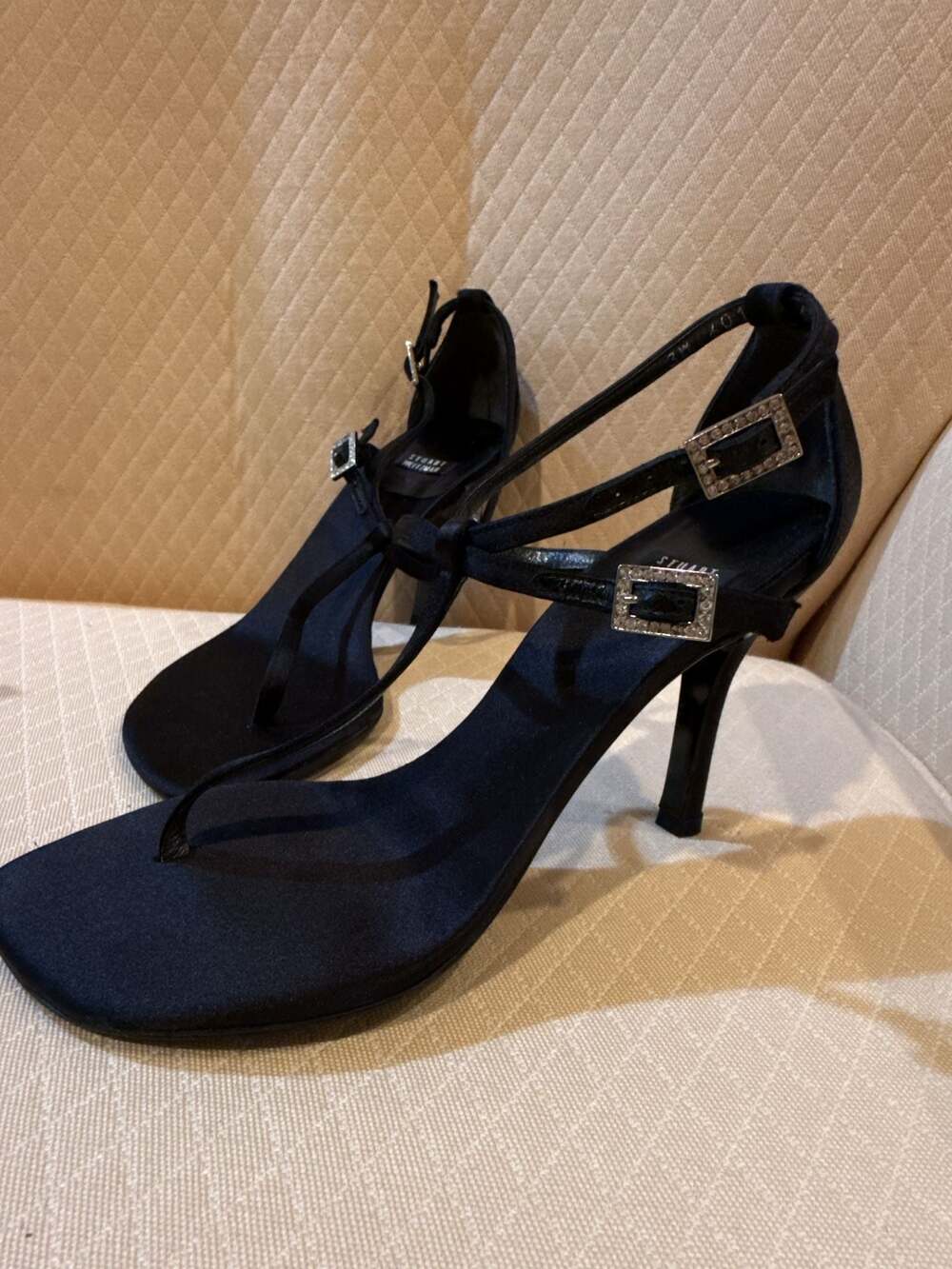 Stuart Weitzman Black Satin Crystal Buckle T-Strap Stiletto Heel Sandals Size 6B